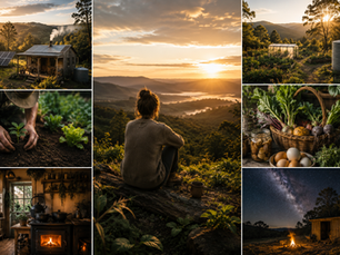 Collage of an off-grid homestead featuring a rustic cabin with solar panels, vegetable gardens, homegrown produce, wood-fired living, hands planting seedlings, a peaceful mountain landscape and a star-filled night sky, symbolising sustainable living and a deeper connection with nature.