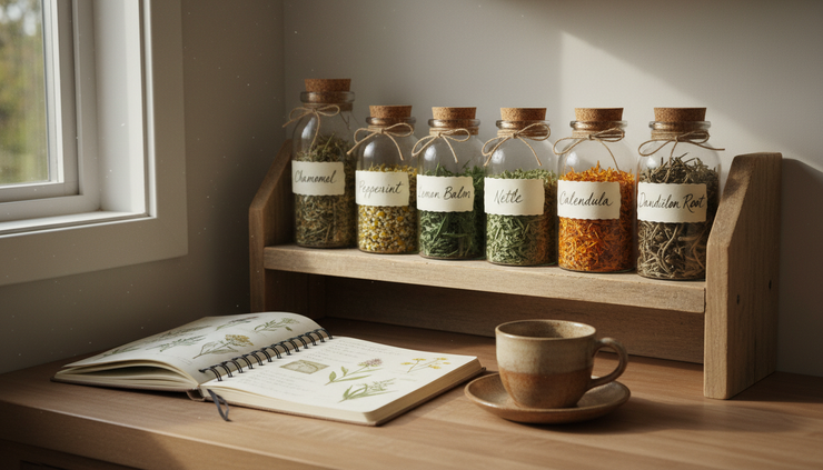 Wide-angle view of a small kitchen shelf holding labelled jars of dried herbs and a notebook.
