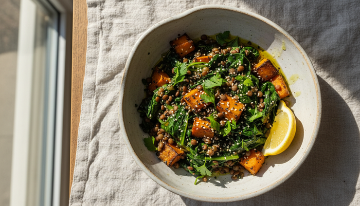 Overhead view of a ceramic bowl filled with steamed greens, lentils, herbs, lemon and olive oil
