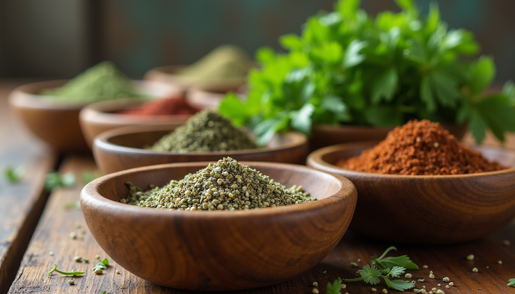 Close-up view of fresh herbs and spices in wooden bowls on a rustic table