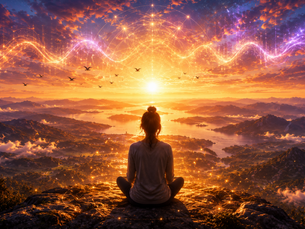 Woman meditating on mountain overlooking river and landscape. Frequency waves across the sky.