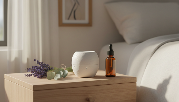 Eye-level view of a small diffuser beside lavender, eucalyptus leaves, and a glass amber bottle.
