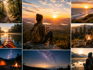 Collage of micro-adventure experiences including hiking, kayaking, camping under the stars, forest walks, coastal sunsets and peaceful moments in nature, highlighting the joy of finding adventure close to home.