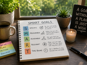 Notebook with a SMART goal-setting plan on a wooden desk beside a coffee mug, notebook, pen and indoor plants, symbolising intentional planning, personal growth and conscious living.