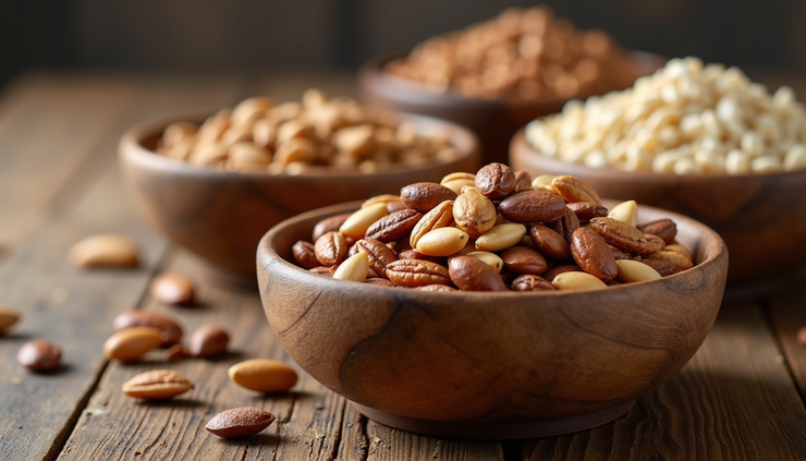 Close-up view of assorted nuts and seeds in wooden bowls