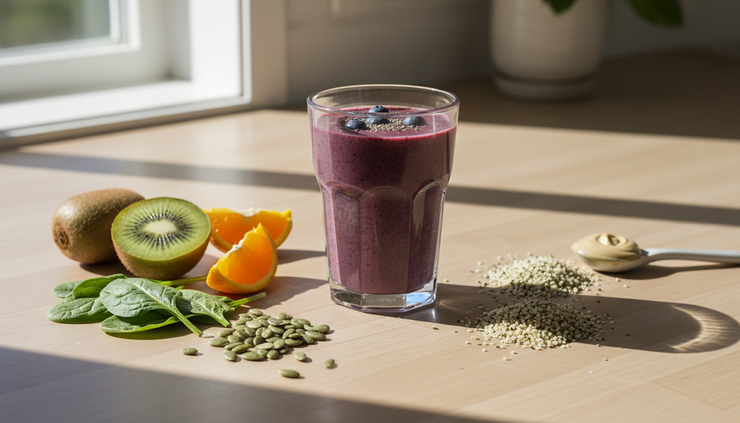Wide-angle view of a finished dark berry green smoothie in a glass near fresh fruit and seeds.