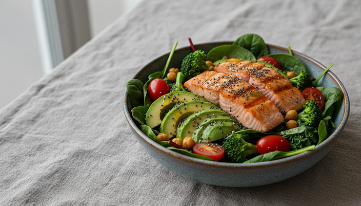 Eye-level view of a salmon, avocado and legume meal bowl