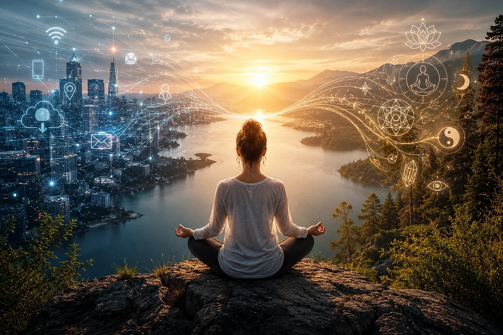 Person meditating between a modern city and a mountain landscape, representing the balance between technology, mindfulness and intuition.