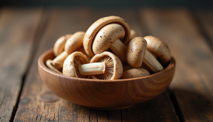 Eye-level view of a wooden bowl filled with shiitake mushrooms