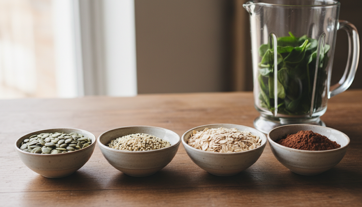 Close-up of pumpkin seeds, hemp seeds, oats, and cacao beside a blender jug.