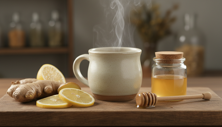 Close-up of fresh ginger root, lemon slices, and a steaming cup on a wooden board.