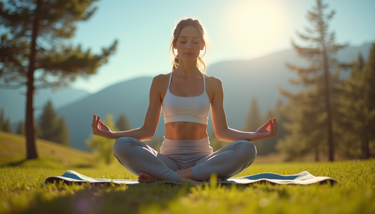 Eye-level view of a person practicing yoga outdoors surrounded by nature