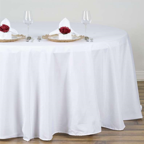 132" White Polyester Round Tablecloth