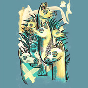 Medieval Dogs illustration featuring seven doglike creatures within an abstracted presentation.