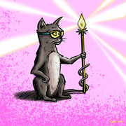 Cat Power Illustration featuring a cat with goggles holding a staff with a power crystal.