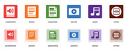 Navigation Icons for Kalamazoo Public Library's Website featuring audiobooks, books, magazines, movies, music, other, including e versions.