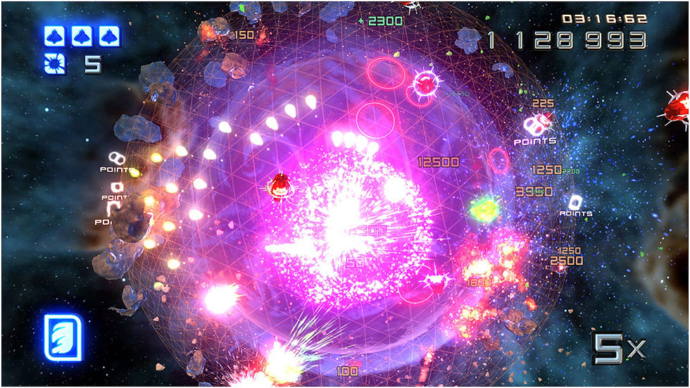 Bright explosions and scores everywhere around you on this space ship globe shooter