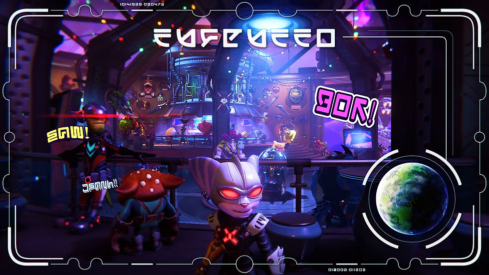 Rivet faces the camera in an intergalactic bar. Photo mode has a custom border and stickers in alien fonts.