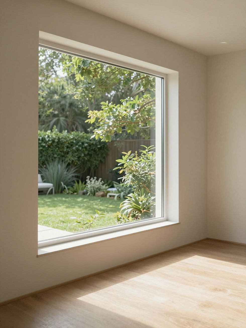 Clean window reflecting sunlight in a luxury home