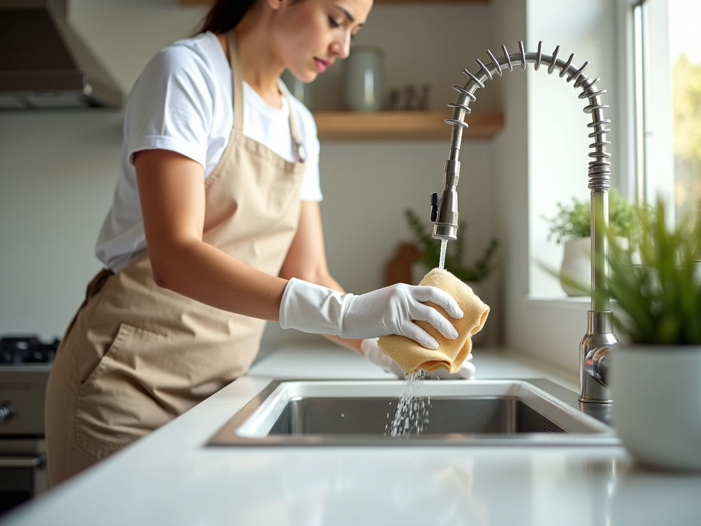 Woman in apron and gloves cleaning kitchen sink