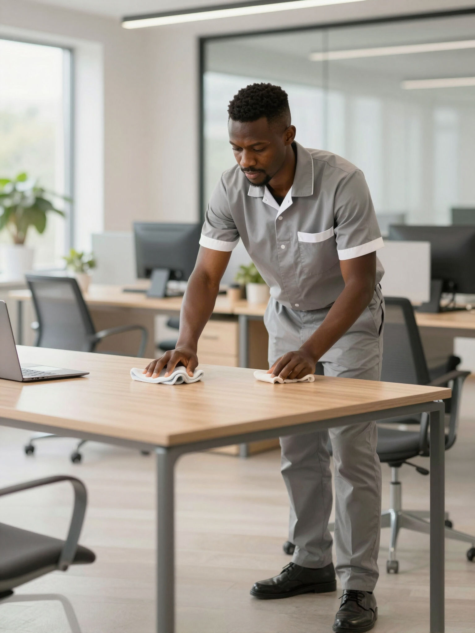 Cleaner wiping office desk