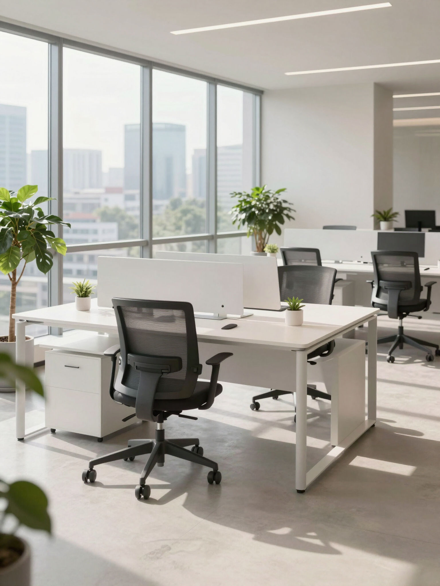 Modern office with clean workstations and city view