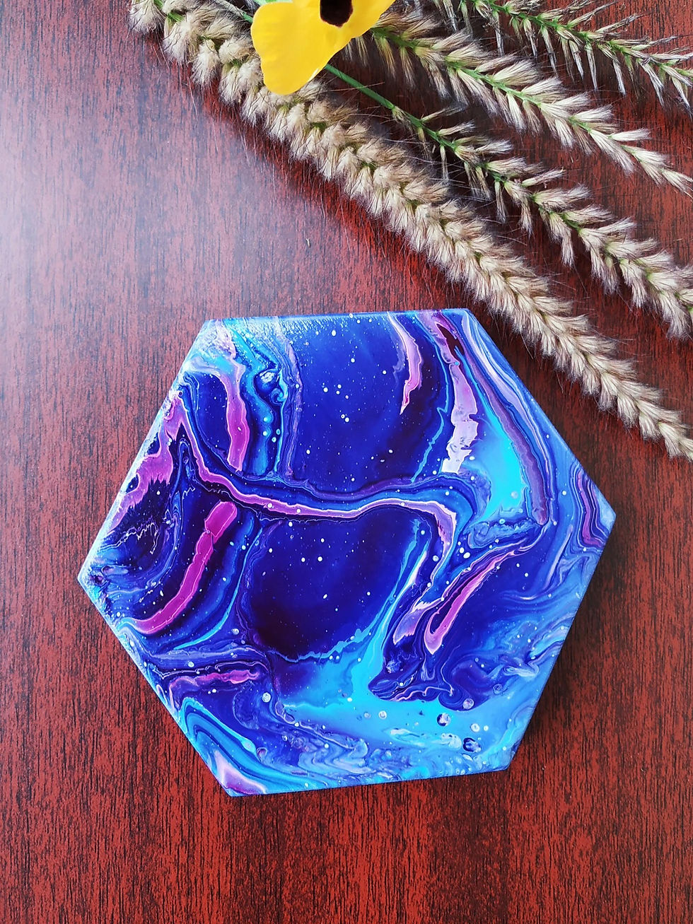 Thumbnail: Acrylic Pour Wooden Hexagon Coasters - Set of 6 (Galaxy theme)