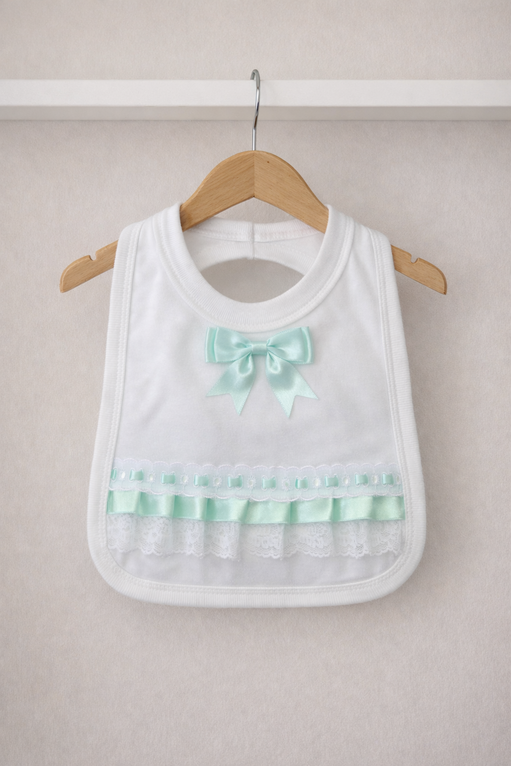 White and Mint Green Luxury Satin & Lace Bow Baby Bib