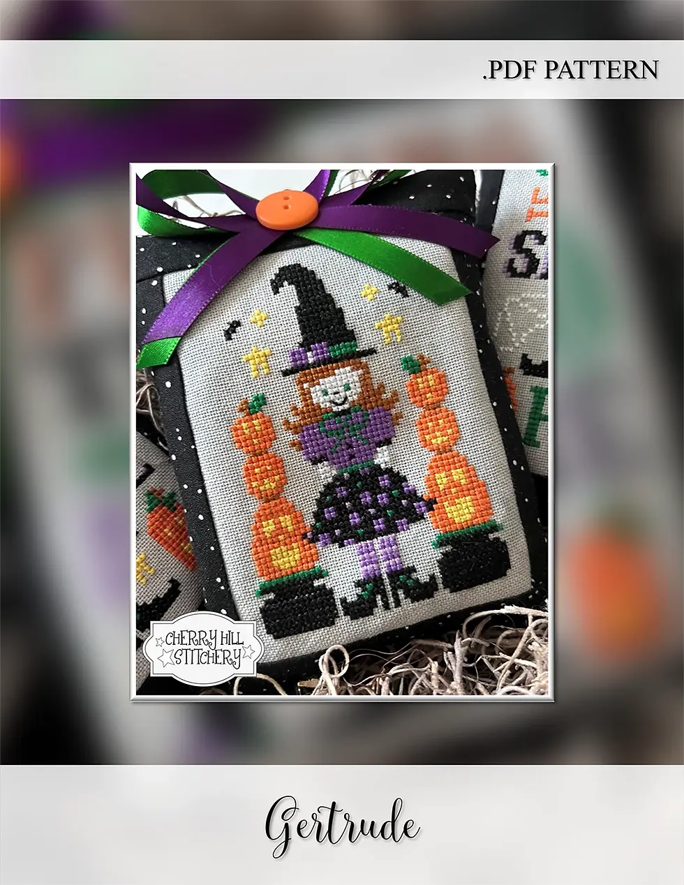 Halloween counted cross stitch pattern information page for Gertrude by Cherry Hill Stitchery, PDF cross stitch pattern.