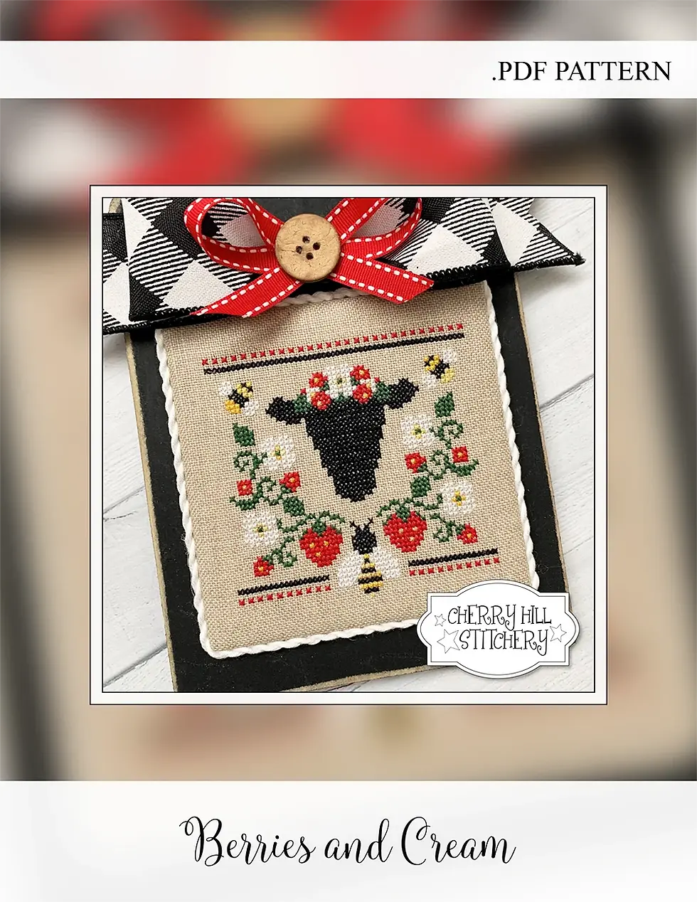 Cow cross stitch pattern info page. The strawbery cross stitch is Berries and Cream. PDF Cross Stitch, Cherry Hill Stitchery