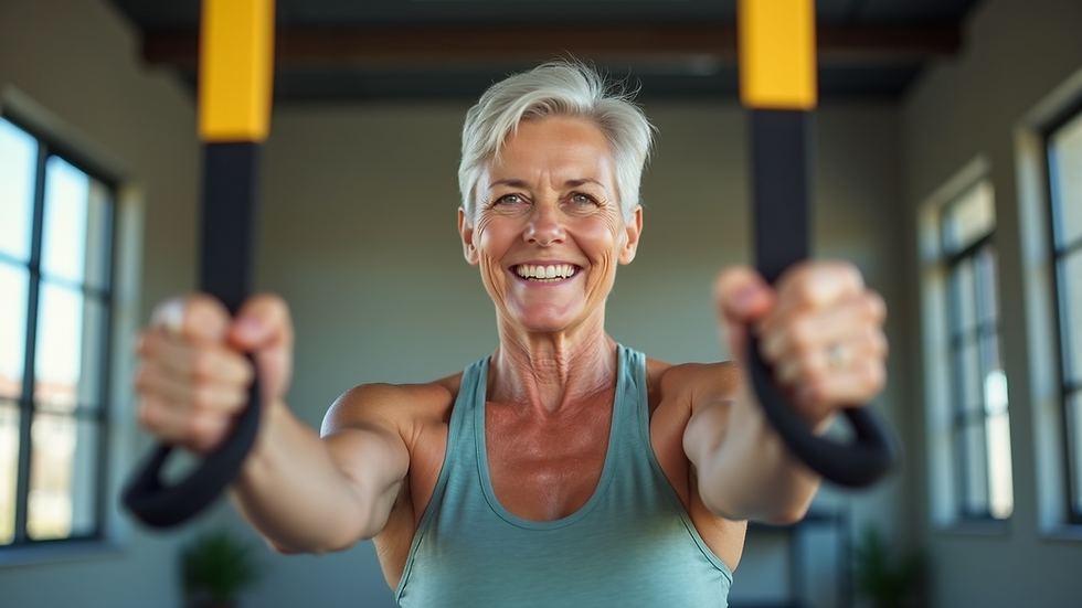 Eye-level view of a senior woman exercising with resistance bands