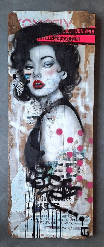 Street art, recycled art, stencil, urban art, wind girls, painting, spray paint, woman, girl, upcycling, artist, Gil KD