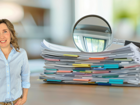 Stacks of paper with a magnifying glass next to a woman.