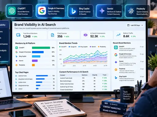 Man views AI search visibility dashboard on monitor, with charts for ChatGPT, Google AI, Bing Copilot, Gemini, and Perplexity.
