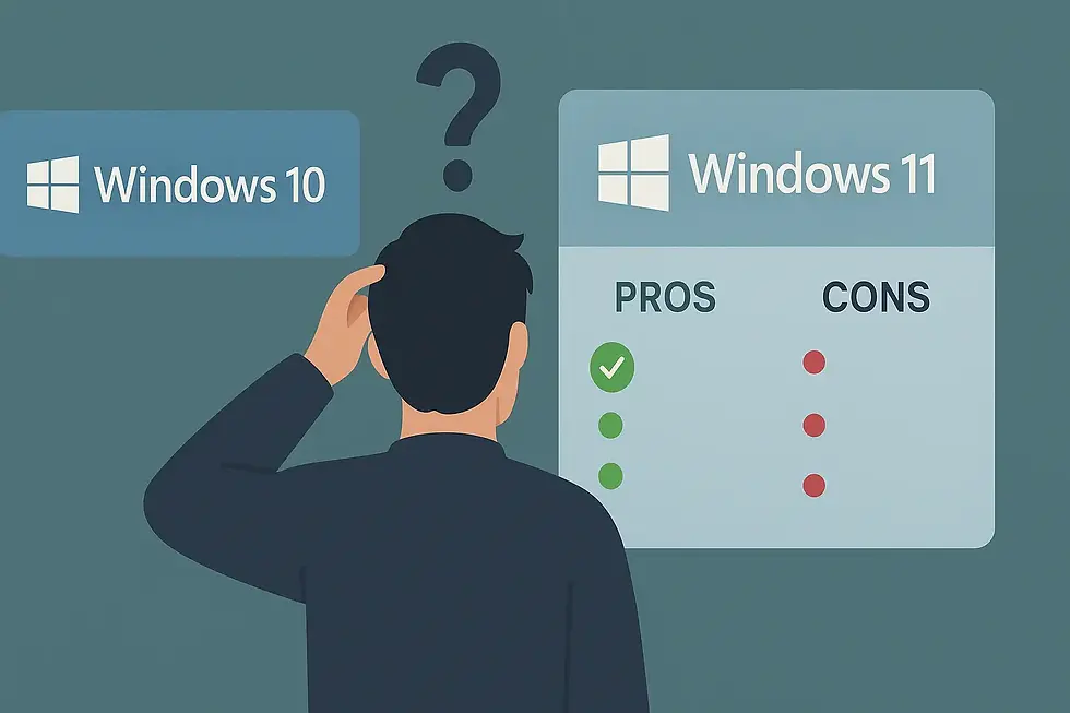 Illustration of A user contemplating an upgrade from Windows 10 to Windows 11 with pros and cons displayed.