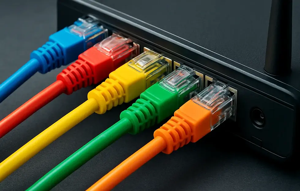 Colorful Ethernet cables plugged into a black router: blue, red, yellow, green, orange. Cables in order, against a dark background.