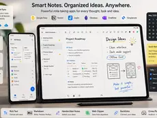 Promo for note app on phone and tablet showing notes, calendar, tasks, and handwritten design ideas on a desk.