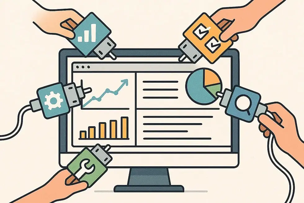 Hands plug icons into a monitor showing charts and graphs. Bright colors, hand-drawn style, and a tech-focused theme.