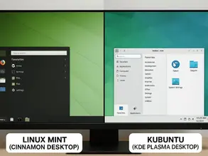 Split screen with Linux Mint Cinnamon desktop on the left and Kubuntu KDE Plasma desktop on the right, featuring green and blue tones.