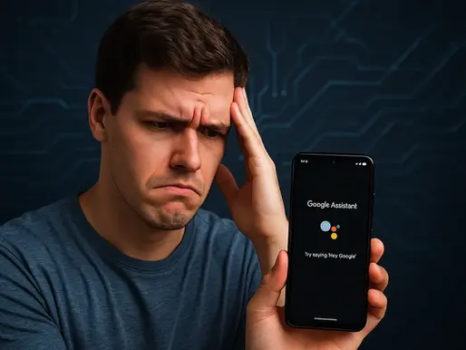 Man frowning at a smartphone displaying "Google Assistant" on a dark, circuit-pattern background. He appears frustrated.