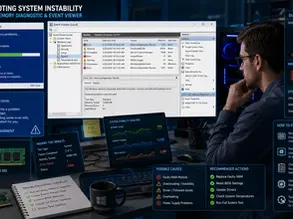 Man studying Windows memory diagnostics and Event Viewer on a desk, with alerts about system instability, RAM errors, and fixes