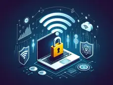 Laptop with a padlock, symbolizing online security. Blue digital icons of Wi-Fi, cloud, and shields surround. Futuristic tech theme.