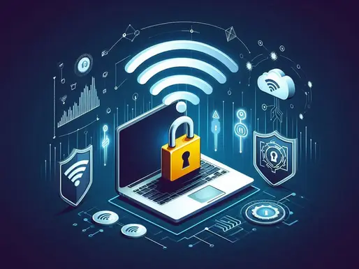 Laptop with a padlock, symbolizing online security. Blue digital icons of Wi-Fi, cloud, and shields surround. Futuristic tech theme.