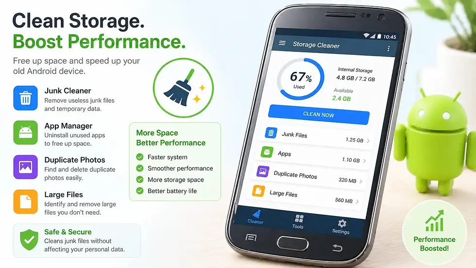 Smartphone displaying a storage cleaning app with a 67% used gauge. Green Android figure and app features like Junk Cleaner and App Manager.