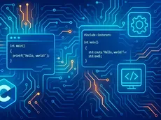 Circuit board with blue and orange lines, code snippets reading "Hello, world!" in C and C++, gear and code icons, tech theme.