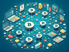 Stylized Bitcoin network with connected nodes, digital devices, and charts on a blue background. Features vibrant orange and teal colors.