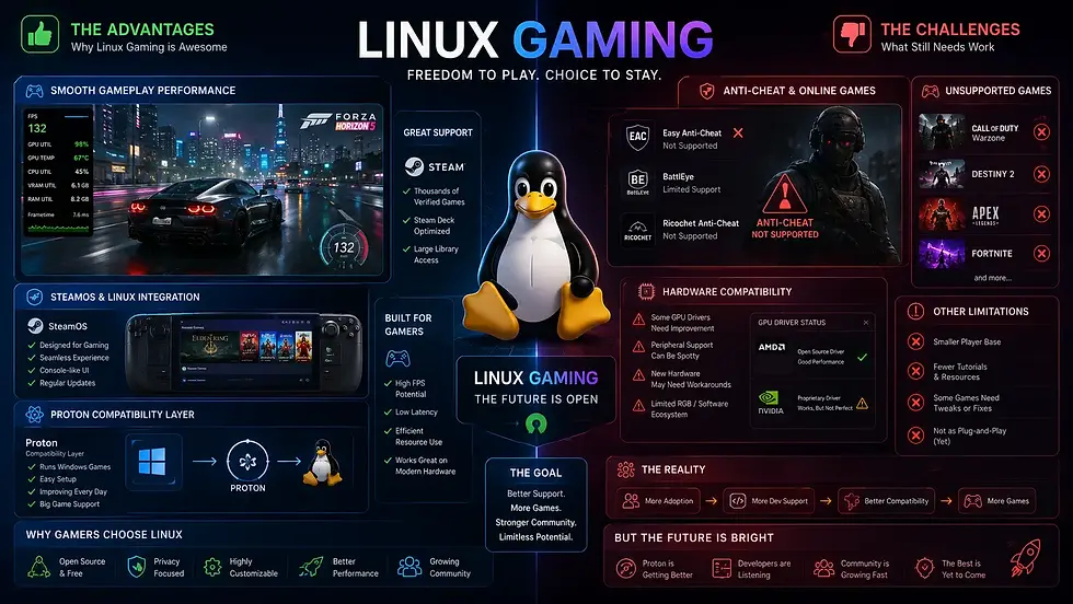 Futuristic split-screen Linux gaming infographic comparing the advantages and challenges of Linux gaming, featuring smooth gameplay performance, SteamOS integration, Proton compatibility, and open-source gaming benefits on one side, while the other side highlights anti-cheat limitations, unsupported games, hardware compatibility issues, and gaming ecosystem challenges with neon blue and red technology-themed visuals.