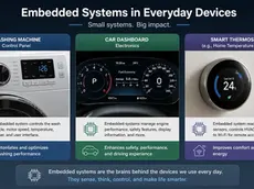 Washing machine, car dashboard, and smart thermostat illustrating embedded systems in devices. Text highlights their control functions.