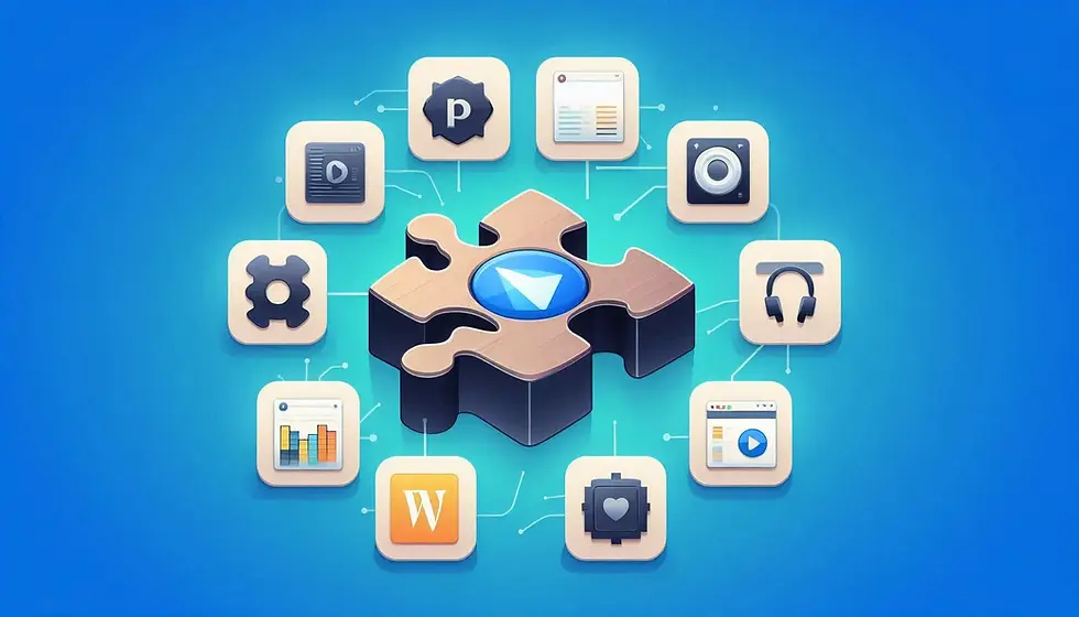 An illustration of a central software application (like a puzzle piece) being enhanced by multiple plugin icons surrounding it—representing different types of plugins such as a browser extension, audio plugin, WordPress plugin, and video editor plugin.