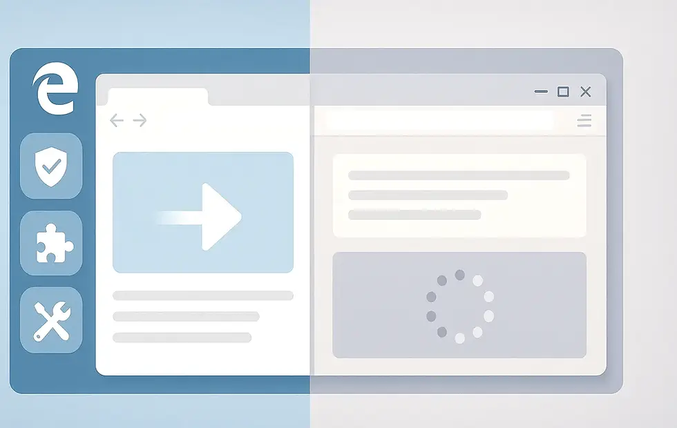 Browser window illustration with blue UI elements, arrow icon, and loading symbol. Background is light blue and grey. Mood: functional.